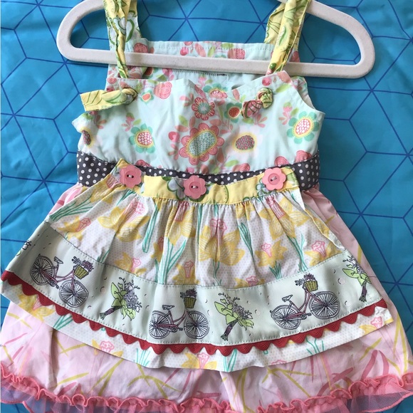 Matilda Jane Knot top - dress Apron Bicycle Spring Flowers Pink ruffle tunic - Picture 2 of 6